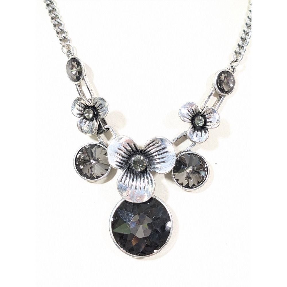 Smokey Gray Crystal Floral Cluster Statement‎ Necklace Silver Tone 22"